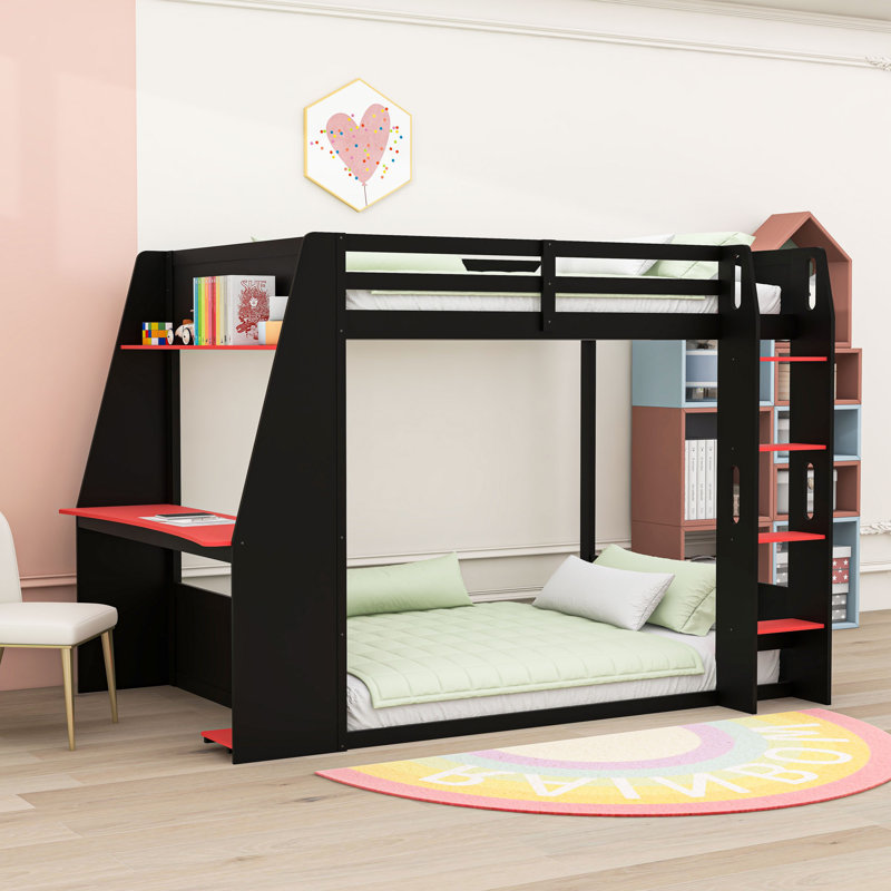 Lit superposé multifonctionnel en bois avec tablettes intégrées, bureau, station de charge et lumière DEL, Double sur double