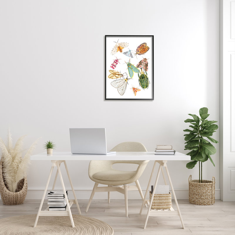 Insectes ailés de couleur tropicale - peinture, H 30 po x l 24 po x l 1,5 po, Giclée encadrée noir minuit