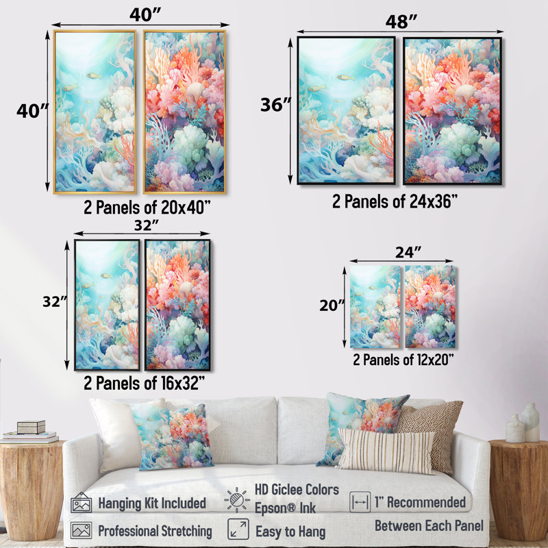 Underwater Coral Symphony Ii I - Art mural en toile rose 2 pièces, Impression encadrée flottante, Noir, H 36 po x l 48 po