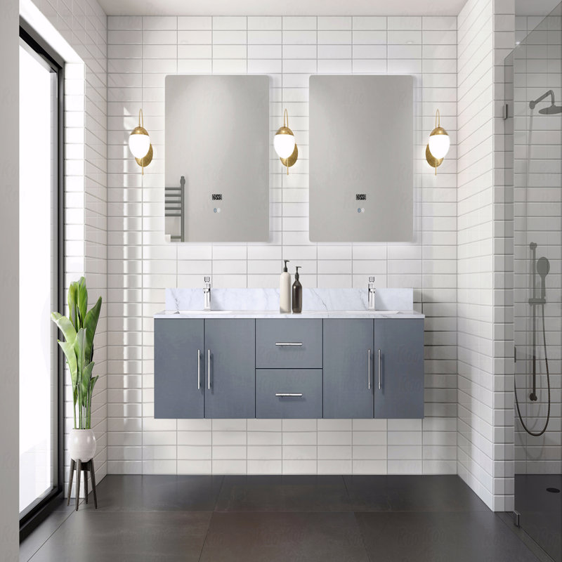 Ensemble de meuble-lavabo double 72 po x 22 po avec plateau en marbre de Carrare et robinet, Gris, 72"