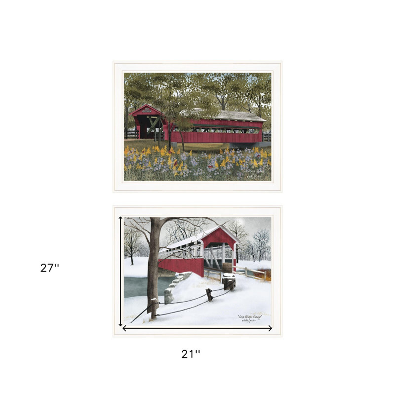 Set of Two White Framed Covered Bridge Prints Wall Art