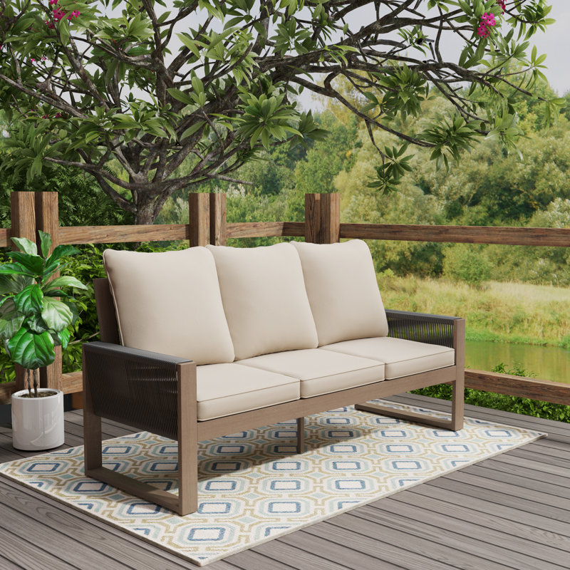 Wood Patio Sofa With Cushions, Beige