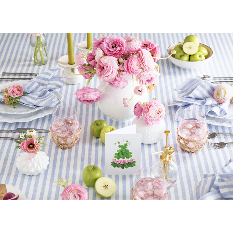 Sky Blue and White Striped Linen Rectangular Tablecloth