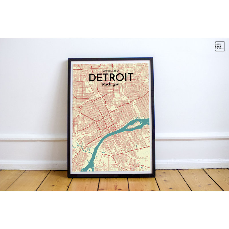 « détroit city map », reproduction d’impression sur affiche en tricolore, H 17 po x l 11 po