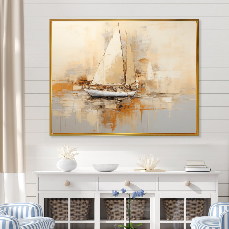 Voilier sur la mer, impression sur toile, Cadre flottant doré, H 30 po x l 40 po