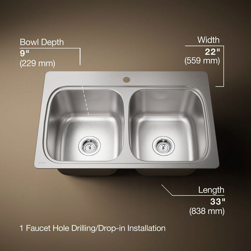Verse Top-Mount Double-Equal Bowl Kitchen Sink with Single Faucet Hole, 1 Hole
