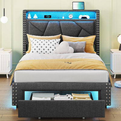 Velvet Upholstered Storage Teens Bed with Drawer & Charging Station 5 Support Legs