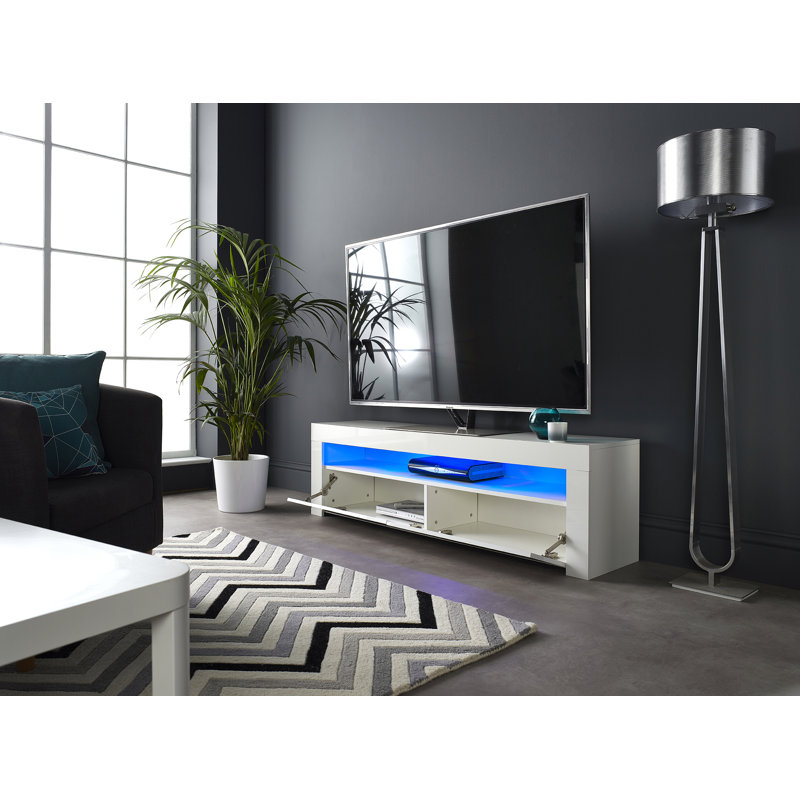 Woolhorpe White High Gloss LED TV Stand for TVs up to 65" – 155cm Media Unit with 2 Cupboards, Soundbar Shelf & Cable Management