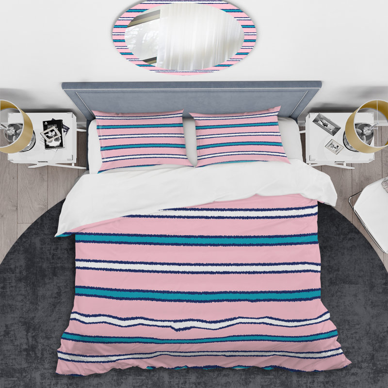 Motif rayé rose et blanc - Ensemble de housse de couette abstrait - Polyester en microfibre