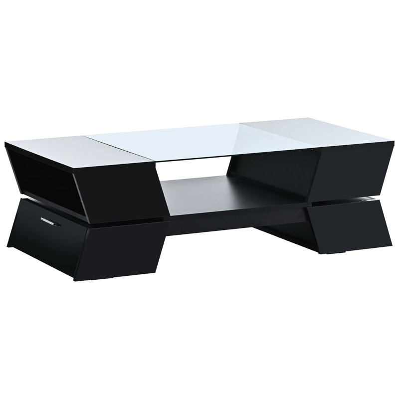 Table basse noire avec rangement géométrique et rangement en verre trempé de 6 mm