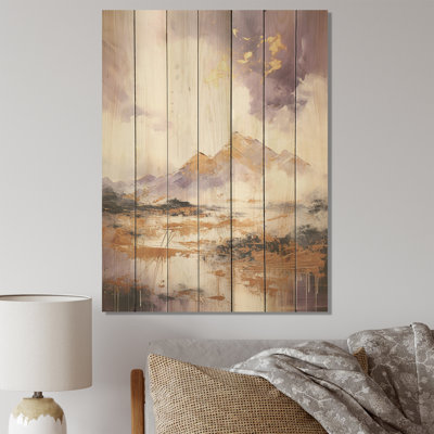 Mauve et doré lac et montagne VII - Paysage abstrait sur bois
