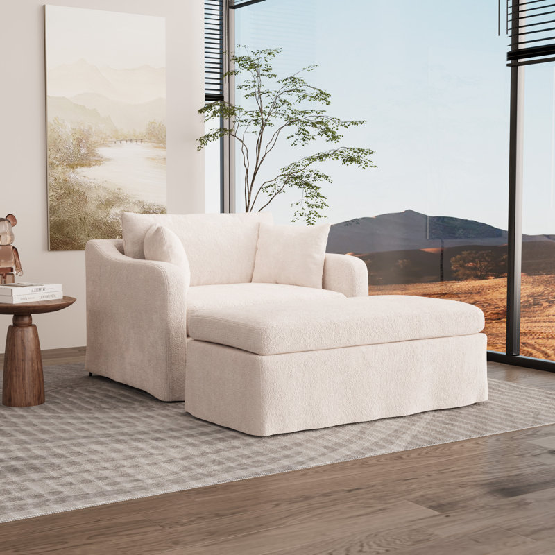45.1" W Oversized Slipcovered Upholstered Accent Armchair With Ottoman, Beige
