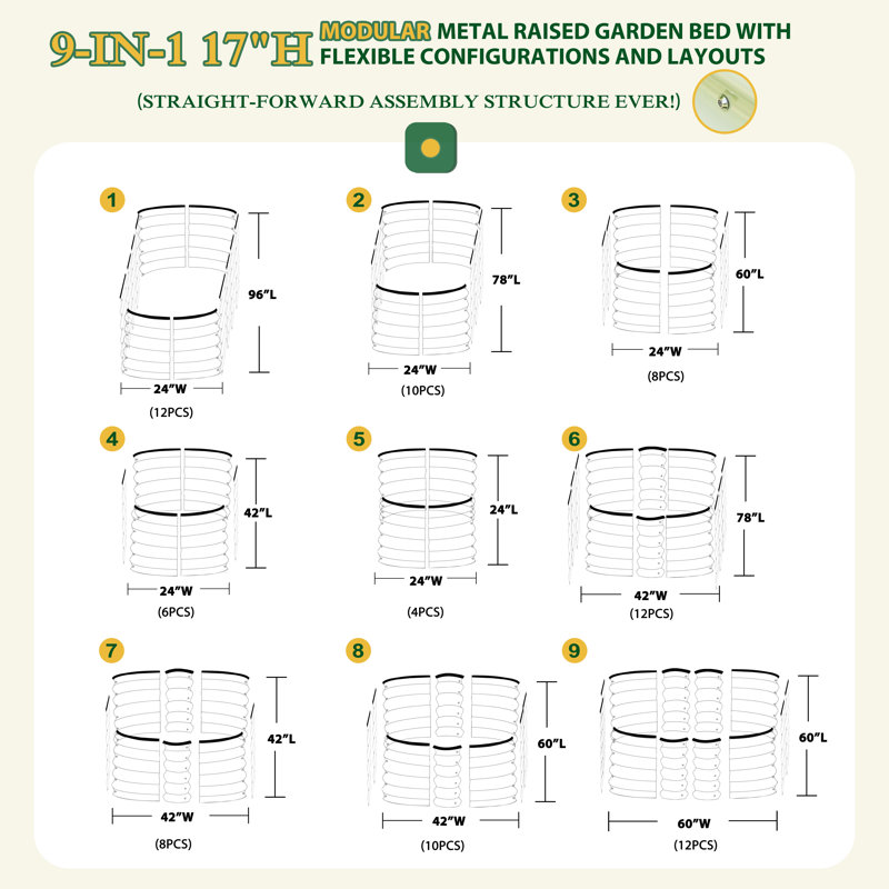 Lit de jardin surélevé modulaire en acier galvanisé 9 en 1 Heise, H 17 po x l 96 po x P 24 po, Vert olive
