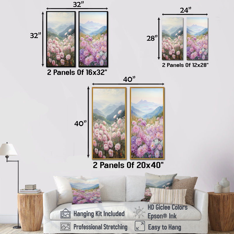 Chrysanthèmes roses sur une colline - ensemble de 2 impressions sur toile, Toile tendue, H 28 po x l 25 po