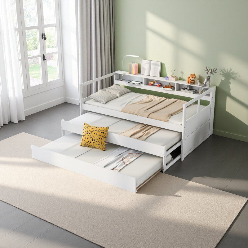 Wood Daybed With 2 Trundles, 3 Storage Cubbies, 1 Light For Free And USB Charging Design, White