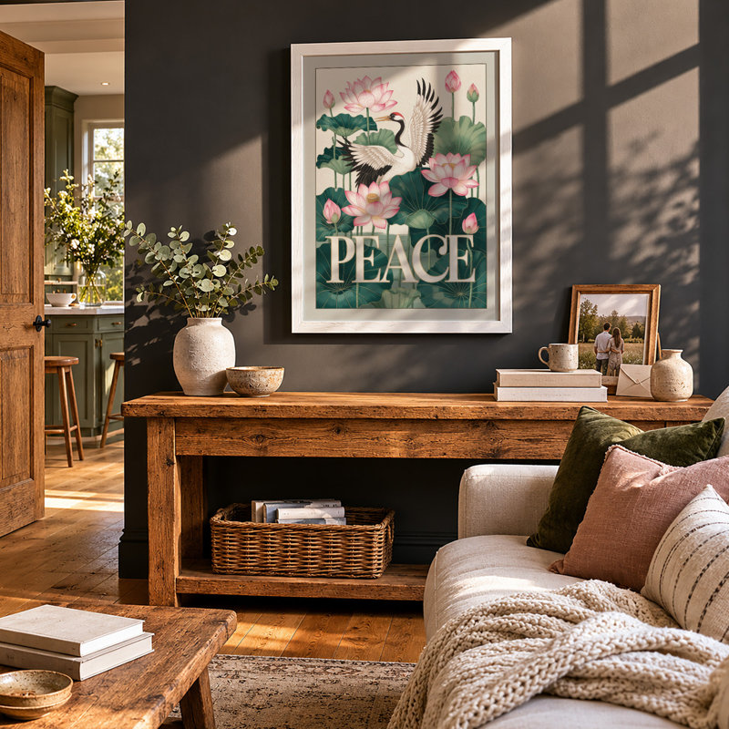 Crane Among Lotus Japandi - Framed Print, A2 - 59.4 x 42.0 cm, White
