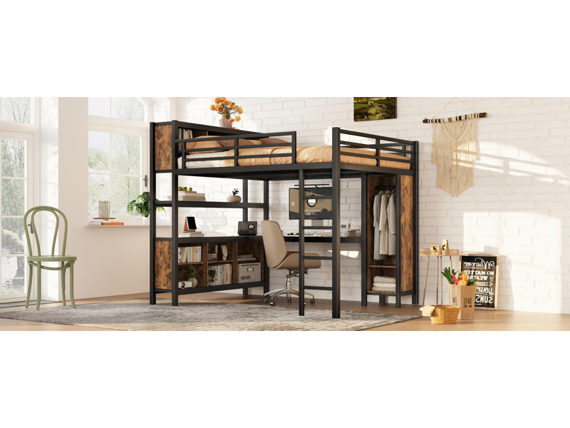Lit mezzanine en métal avec bureau et garde-robe, conception peu encombrante, fabrication robuste
