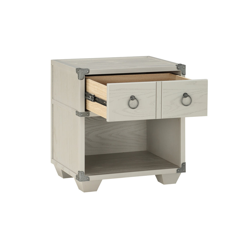 Wooden Nightstand In Gray With Smooth Drawer Stylish Hardware And Industrial Design