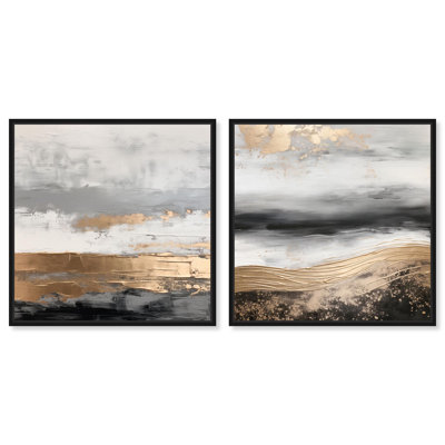 Clouded Gleam Diptych Canvas Print Black Gold Wall Art Set by Art Remedy, Black Frame, 12 x 12