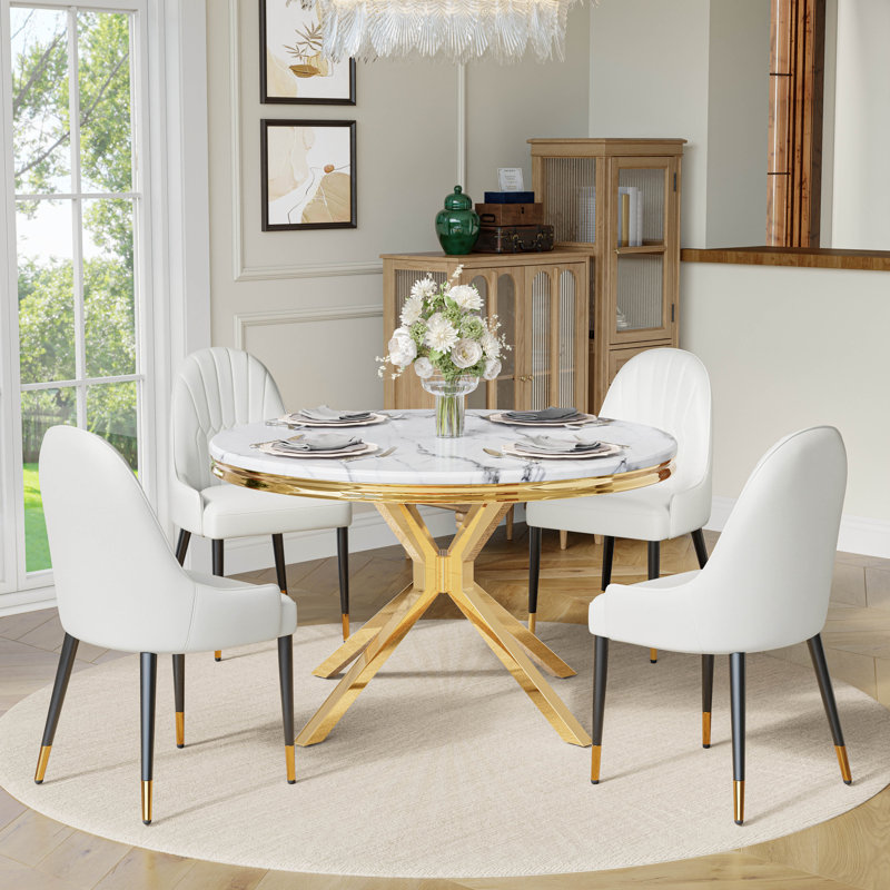 46.85" Round Dining Table, Modern Marble-Inspired Top with Metal Base, Gold, White