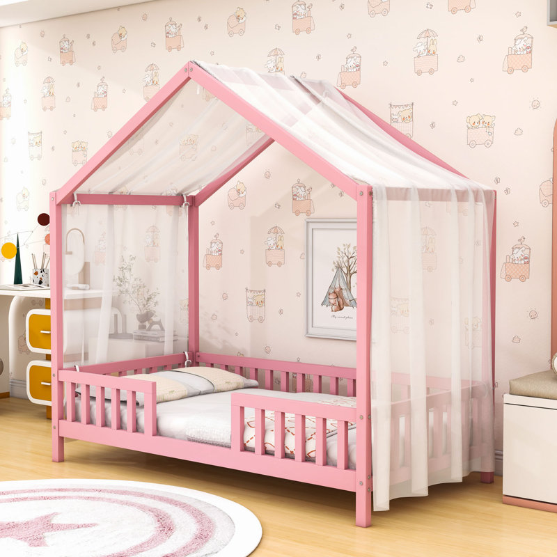 House Bed With Slats And Safety Railings, Twin, Pink