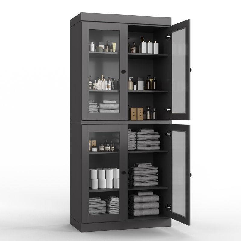 Armoire de salle de bain autoportante 100% bois massif 32 "avec portes en verre transparent et tablettes réglables - Rangement de salle de bain moderne