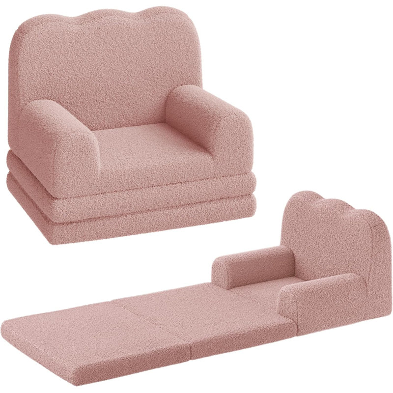 Kids Couch, 2-in-1 Comfy Toddler Couch Fold Out, Convertible Sofa to Lounger Foam Kids Chair with Soft Sherpa, Gift for Girls and Boys (Pink)