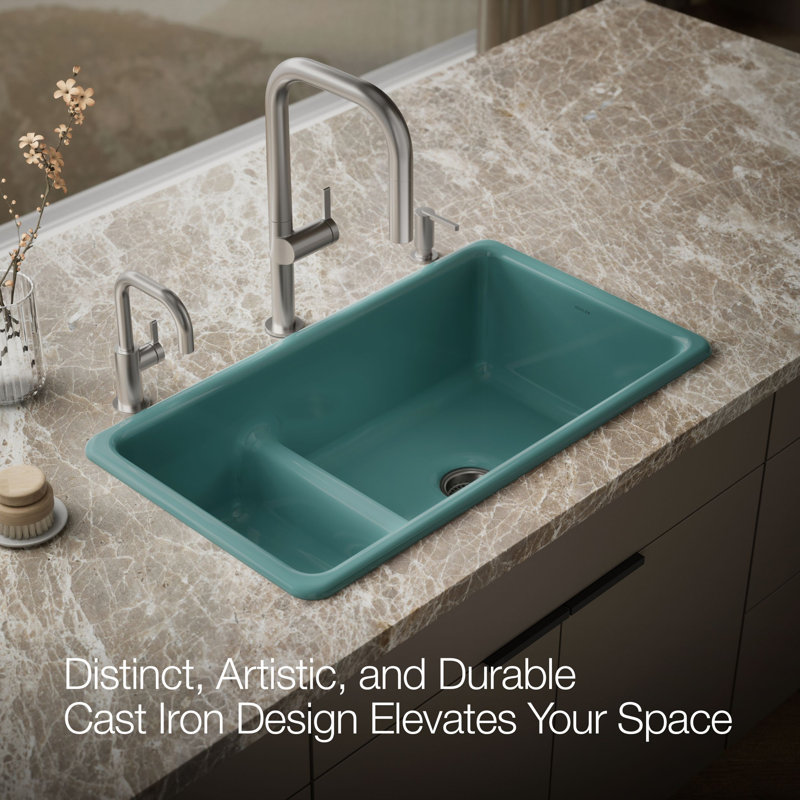 Iron Tones 33" L x 18.75" W Large/Medium Double-Bowl Kitchen Sink, Teal
