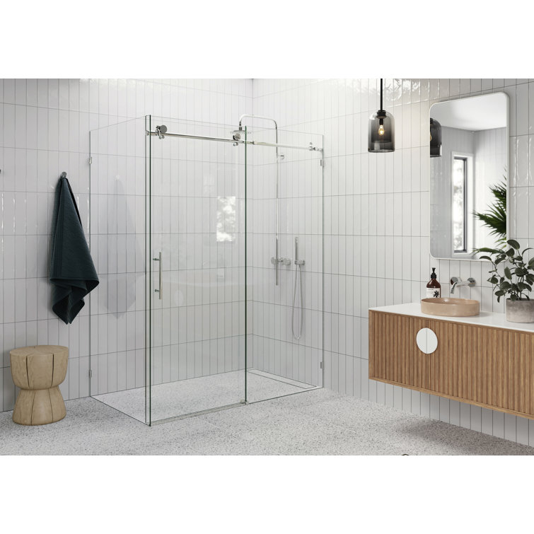 Nova 64 in. x 38 in. x 78 in. 90-degree Fully Frameless Sliding Glass Shower Enclosure