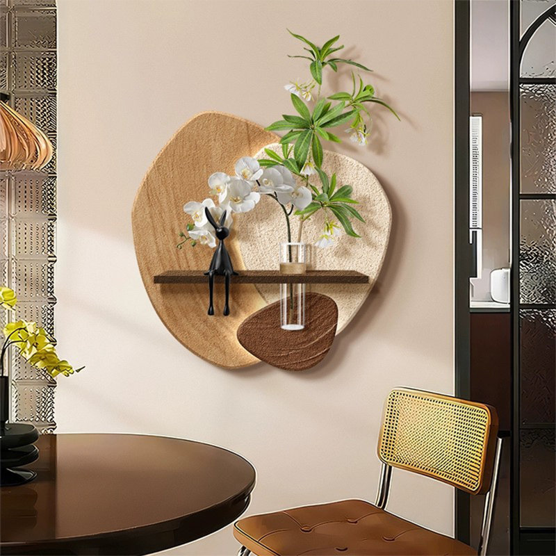 Tablette flottante murale irrégulière en grès avec lumière DEL, support de décoration murale avec vase en verre et plantes vertes artificielles pour le hall d'entrée