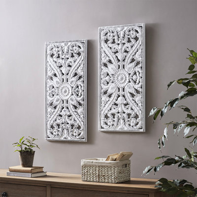 2 décorations murales - Bois vieilli blanc délavé Lotus Home Art intérieur fleur blanchi