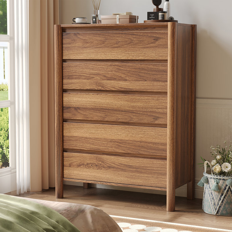 Hingham 45.3" H 5 Drawer Dresser, Wood Chest Of Drawers For Bedroom, Living Room，Brown, Brown