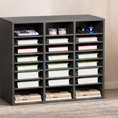 24 Compartment Soft Gray Particle Board Literature Organizer with Adjustable Shelves for Office Home Classroom Document and Paper Storage