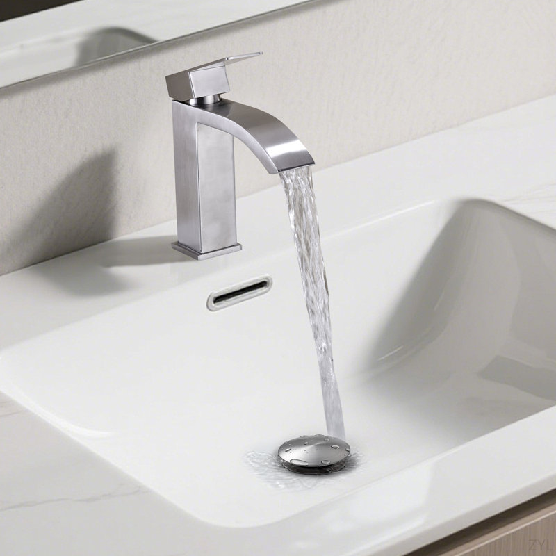 Waterfall Spout Bathroom Sink Single Handle Faucet With Pop-Up Drain (With Overflow)