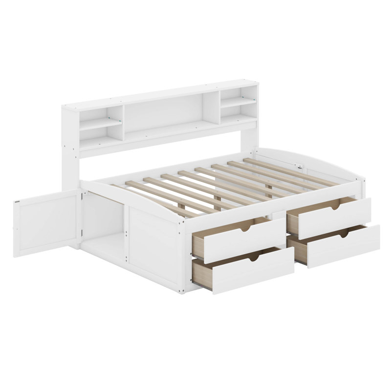 Full Size Wood Daybed with 2 Bedside Cabinets, Upper Shelves and 4 Drawers, White