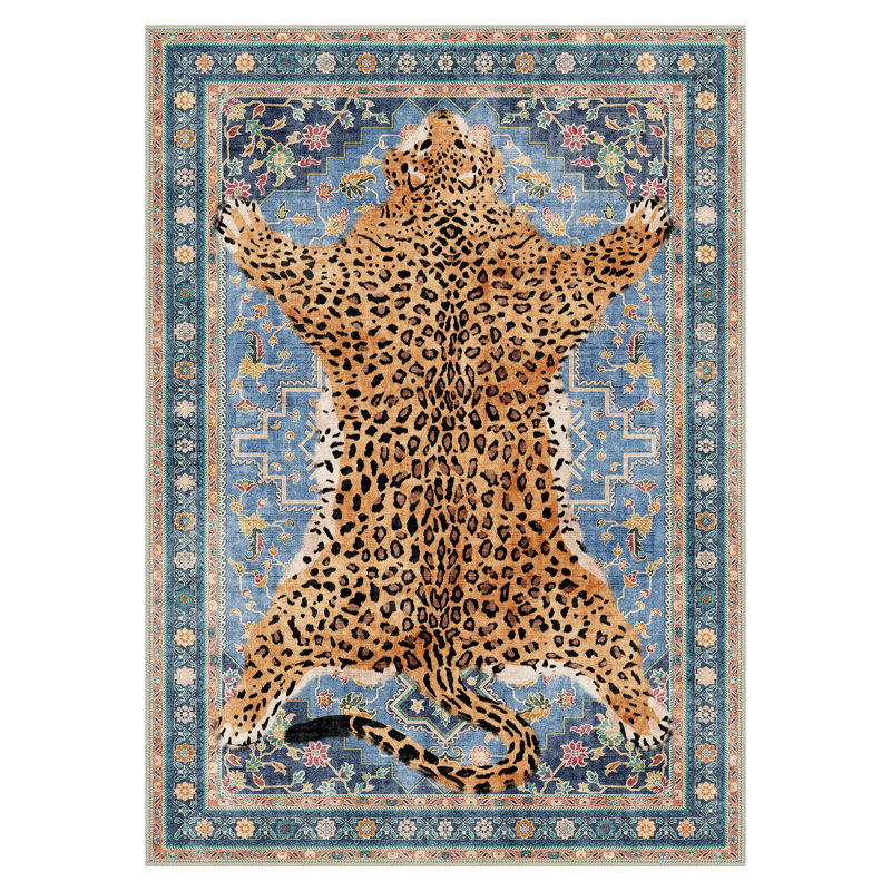 Aura Animal Print Machine Washable Blue / Yellow Indoor Area Rug with Non-Slip Backing, Rectangle 9' x 12'