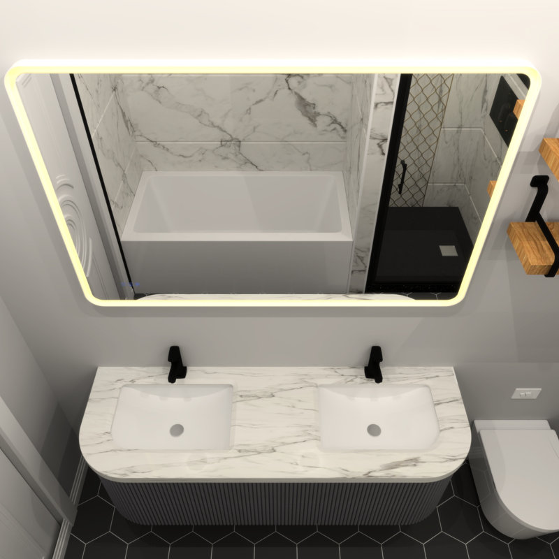 Miroir de salle de bain rectangulaire à DEL 48 x 36 - Brouillard, 3000 lumens, cadre en fer blanc mat avec un mur de construction de plus de 3000 empreintes digitales