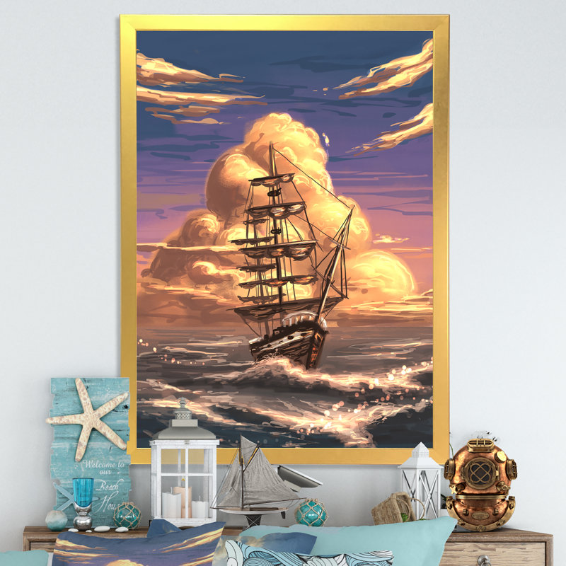 «Video Game Fantasy Ship Coastal Sunset», reproduction de photo sur toile, H 40 po x l 30 po x P 1,5 po, Cadre photo doré