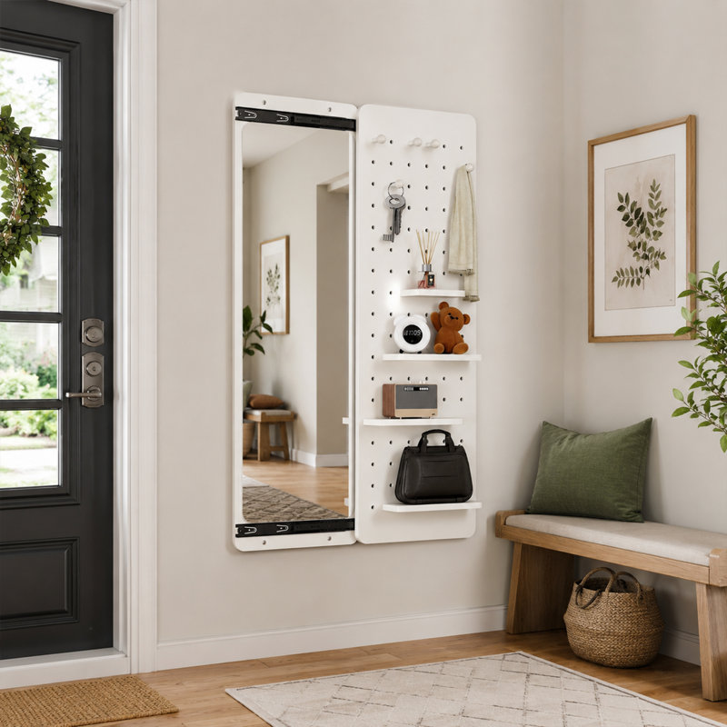  Modern Rubber Wood Wall Mounted Full Length Mirror with Sliding Panel and Adjustable Storage