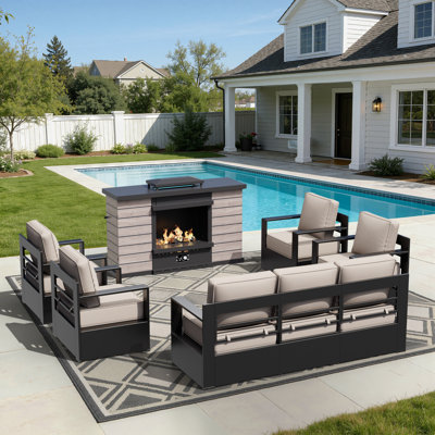 Abdullah 7-Person Aluminum Patio Conversation Set with 5000 BTU Gas Fireplace, 4 Swivel Chairs & 6 Inch Beige Cushions
