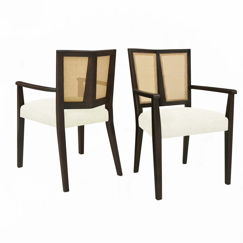 Dining Chairs With Rattan Back, Dark Brown, Beige
