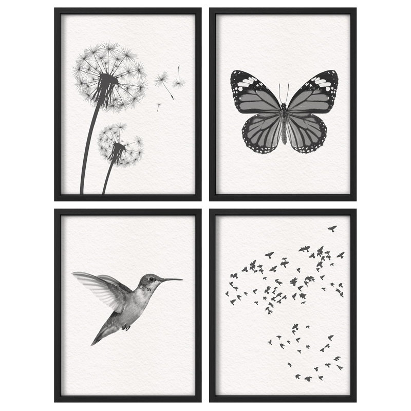 "Ensemble de vol d'oiseaux et de colibris", Noir, H 28 po x l 22 po