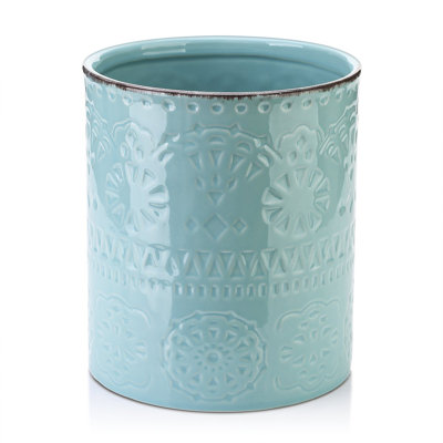 Kitchen Utensil Holder, 7.2 Extra Large Farmhouse Utensil Holders For Countertop, Ceramic Utensil Crock, Anti Slip Cork Bottom, Teal Utensil Organize