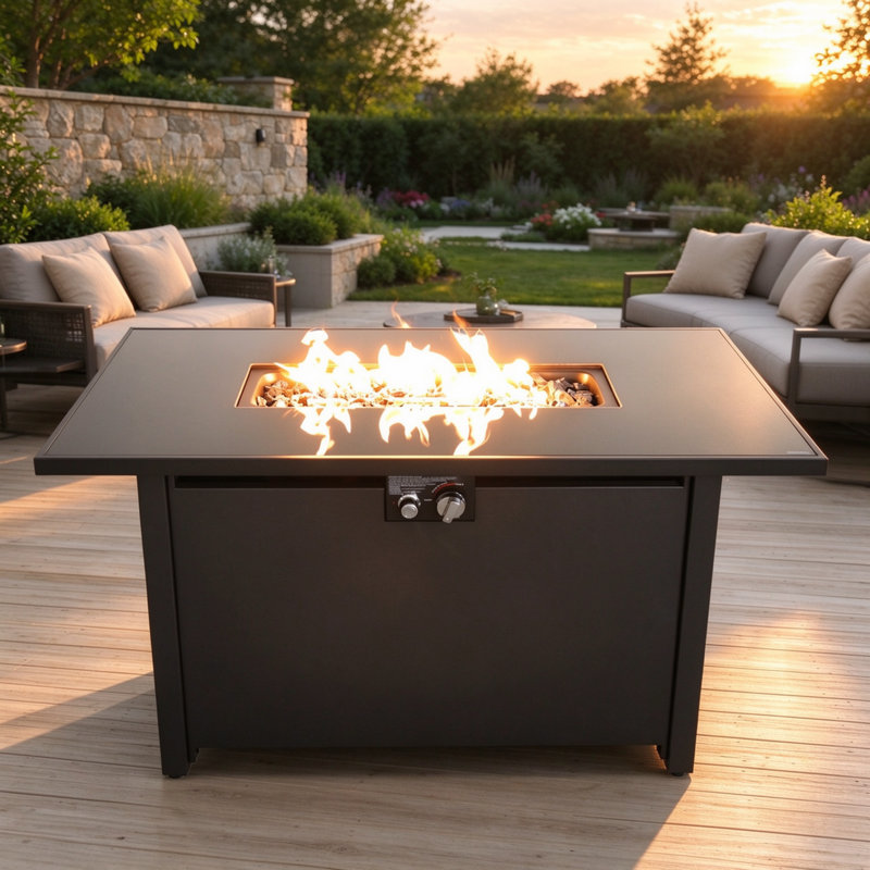 Table de foyer extérieure en acier de 63,5 cm (H) x 106,7 cm (L) avec couvercle, idéale pour terrasse, jardin ou cour. Résistante aux intempéries, portable et facile à monter.