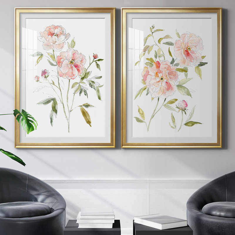 Carnet de croquis «Cottage Rose I», ensemble de 2 reproductions d'art, H 26,5 po x l 73 po x P 1,5 po, Papier encadré doré