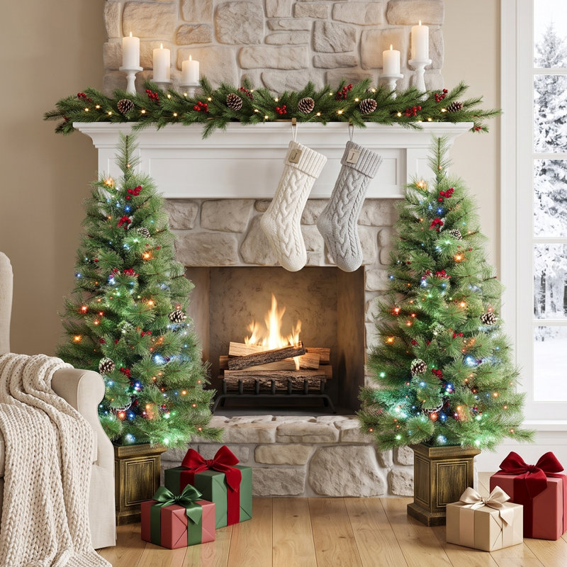 Ensemble de 2 arbres de Noël artificiels pré-éclairés 4 pi, 2 pins de Noël, deux couleurs, télécommande, vert