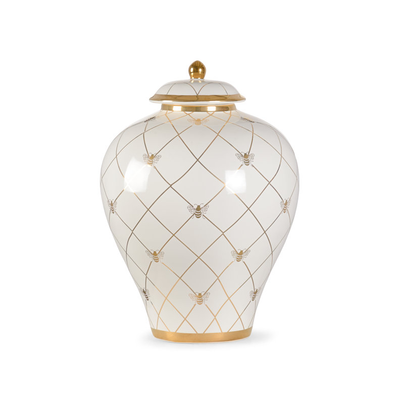 Ceramic Jar, White/Gold
