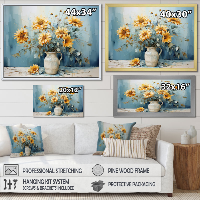 «Blue Sunflowers Farmhouse Still Life» sur toile, H 12 po x l 20 po x P 1 po, Cadre naturel flottant