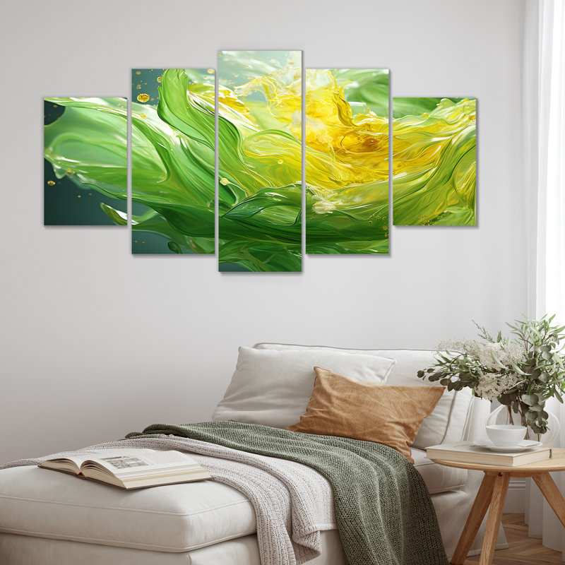 «Green and Yellow Harmonious Chaos II - Abstract Collages Multipanel», ensemble d'art mural