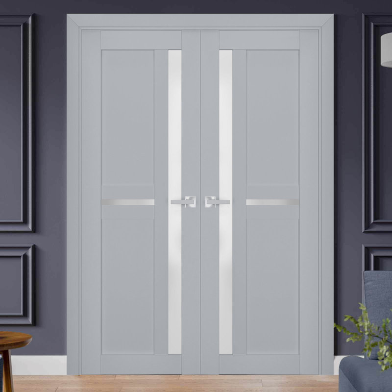 Portes doubles françaises intérieures en verre dépoli Veregio 7288, gris mat, cadre en bois massif, moulures, portes robustes pour placard ou chambre à coucher, 60 po x 96 po (2 x 30 x 96 po)